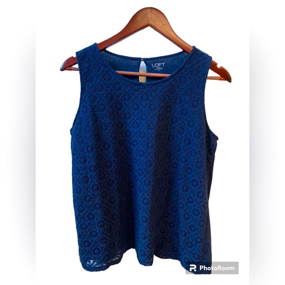 Loft sleeveless blue blouse with crochet look  overlay